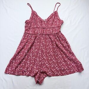 American Eagle Outfitters Red Floral Romper w/ pockets